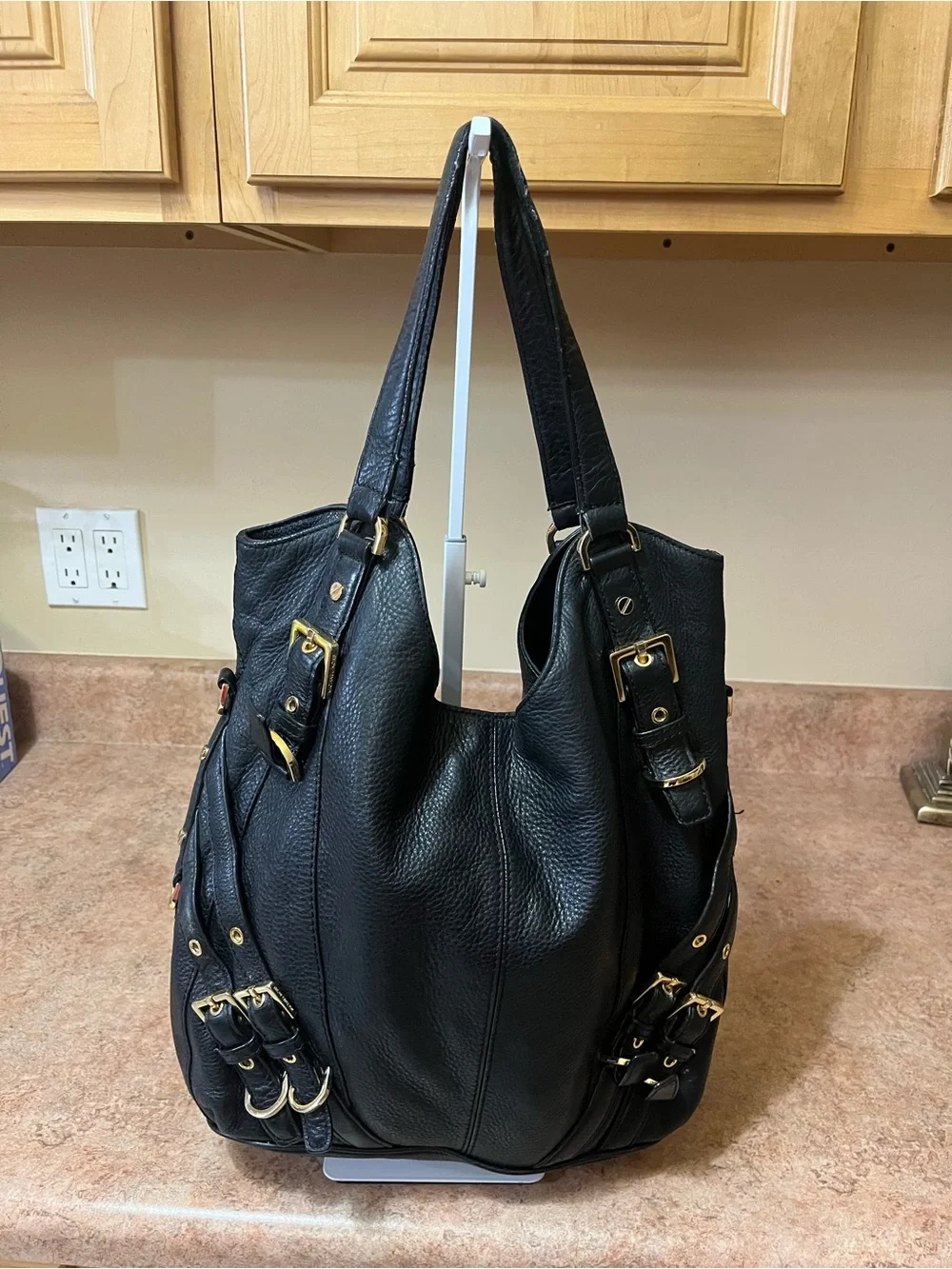 Michael Kors Black Pebbled Leather Shoulder Bag with Gold Hardware